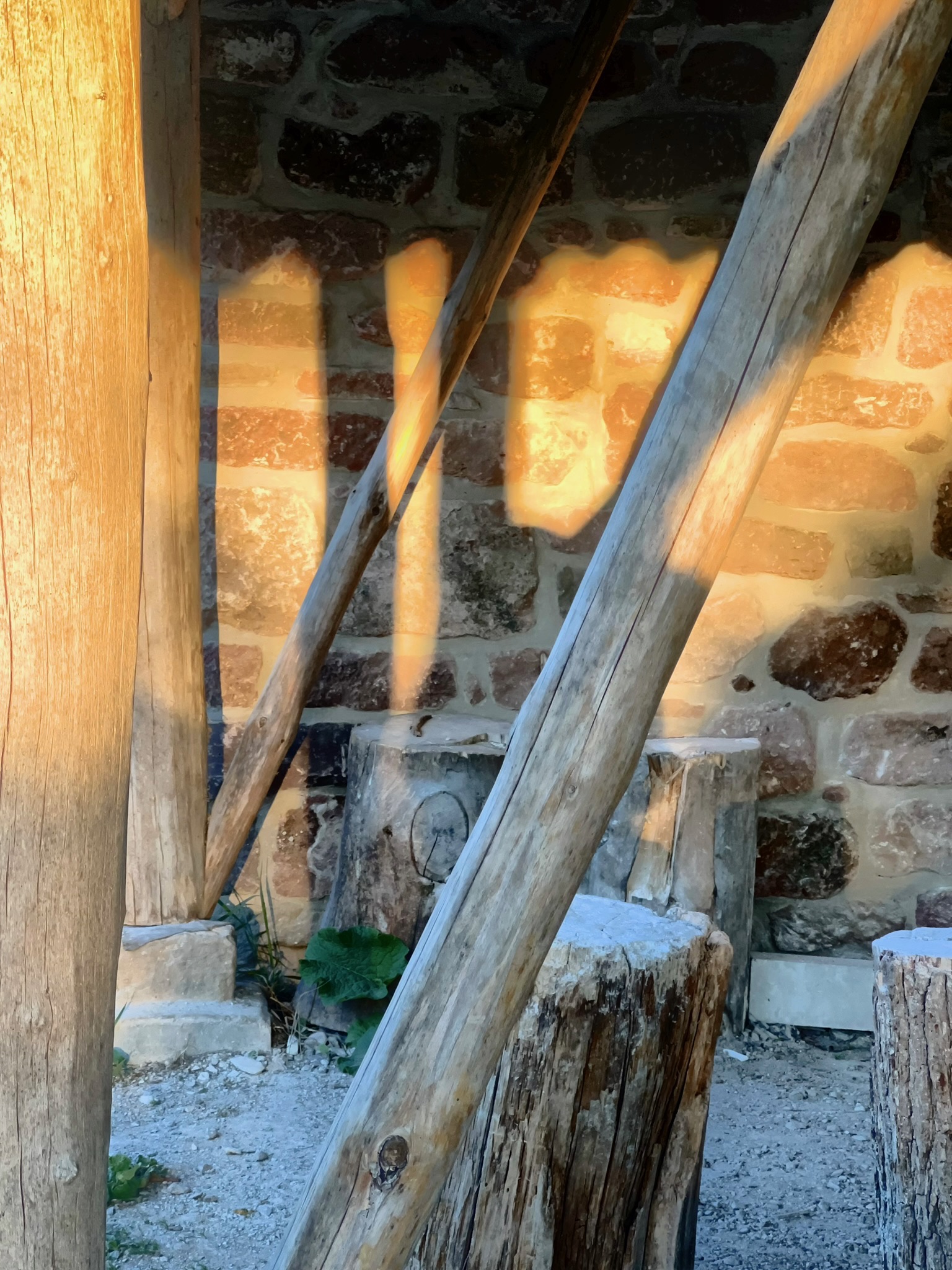 Blick in das alte Holzlager mit Klötzen, auf denen Bildhauen unterrichtet wird.